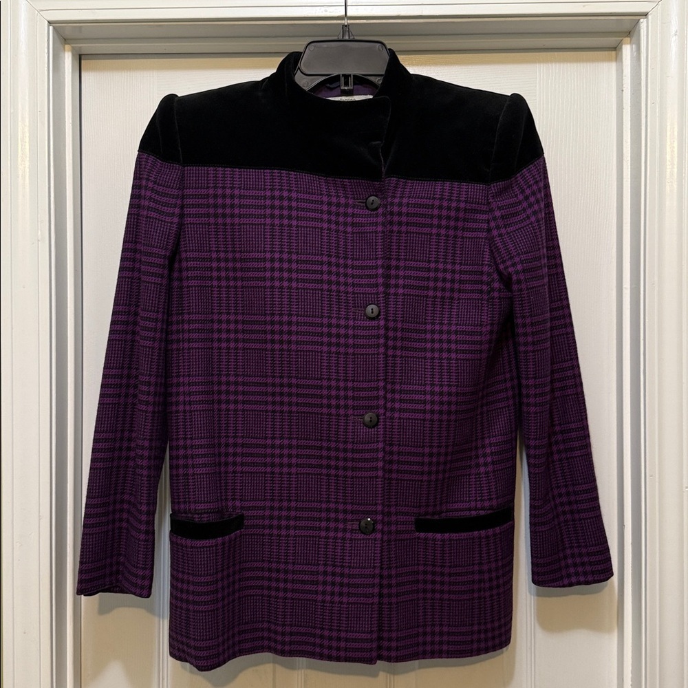 Vintage Valentino Miss V Jacket Purple Black Plaid Velvet Trim Italy 44